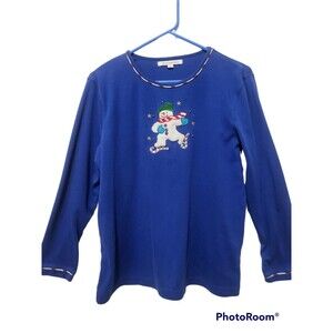 Womens LARGE Blue Skating Snowman Holiday Pullover Sweatshirt Top Long Sleeve